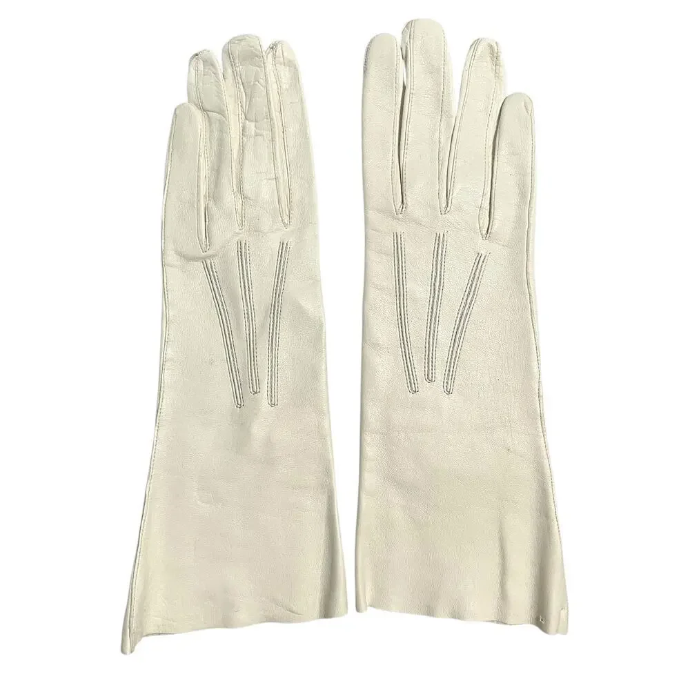 NWT Vintage Kid Skin Leather White Deadstock Wrist Long Evening Gloves Sz 7.25